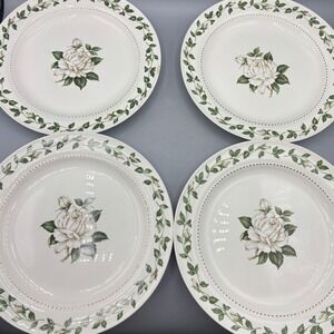 Vtg Superior Hall Cameo Rose 4 Pc Dinner Plates White Floral Rose Ceramic